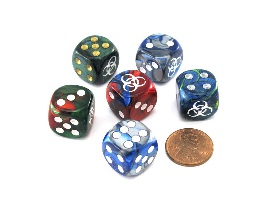 Pack of 6 Custom Engraved 16mm D6 Assorted Style Funny Meme Dice - Biohazard