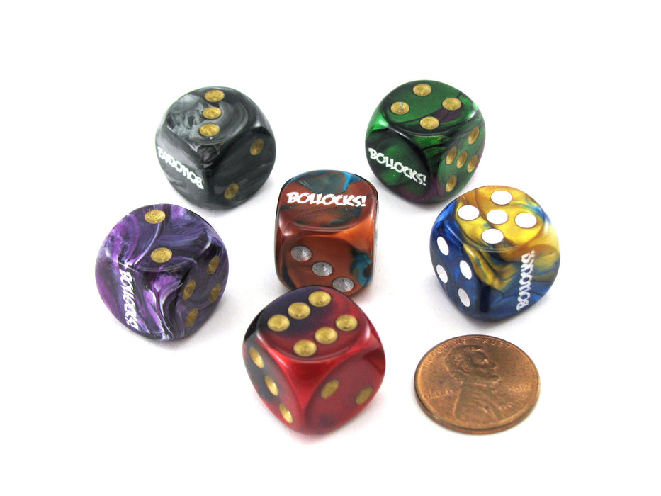 Pack of 6 Custom Engraved 16mm D6 Assorted Style Funny Meme Dice - Bollocks!