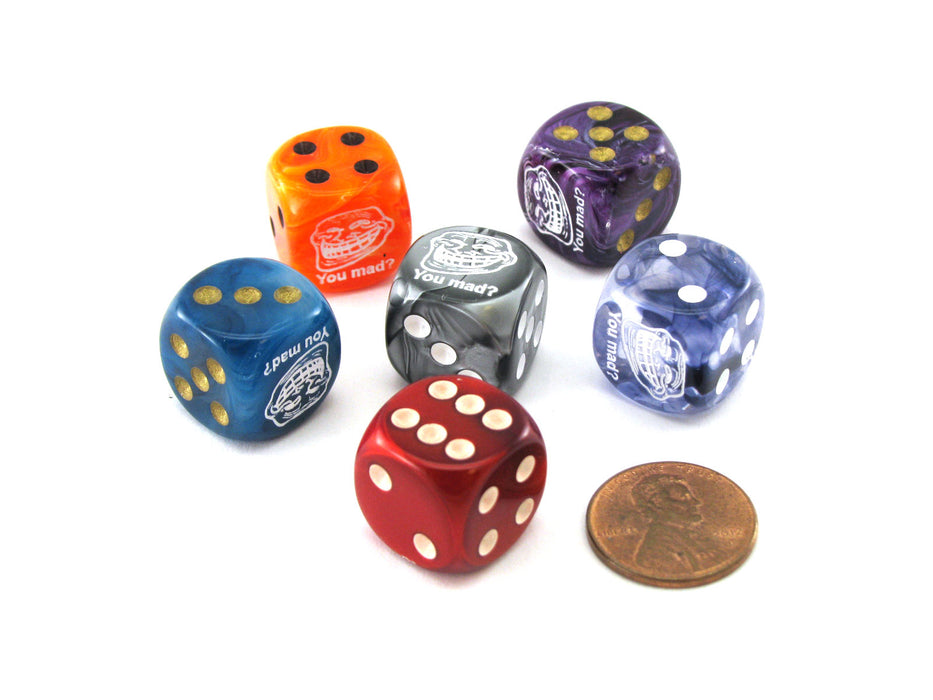 Pack of 6 Custom Engraved 16mm D6 Assorted Style Funny Meme Dice - You Mad?