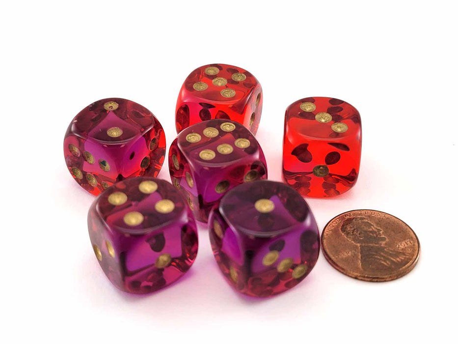 Gemini 16mm 6 Sided D6 Dice, 6 Pieces - Translucent Red-Violet with Gold Numbers