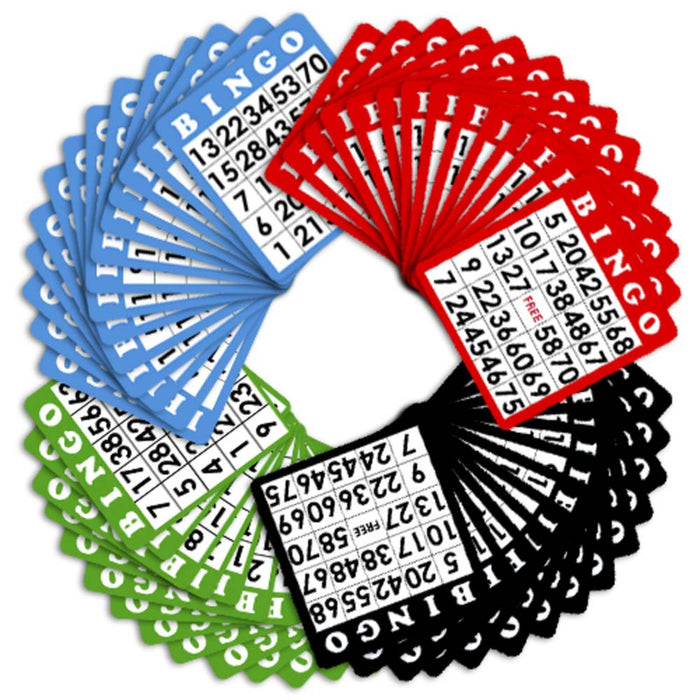 Pack of 100 Bingo Cards - 25 Each of Red, Green, Blue, Black