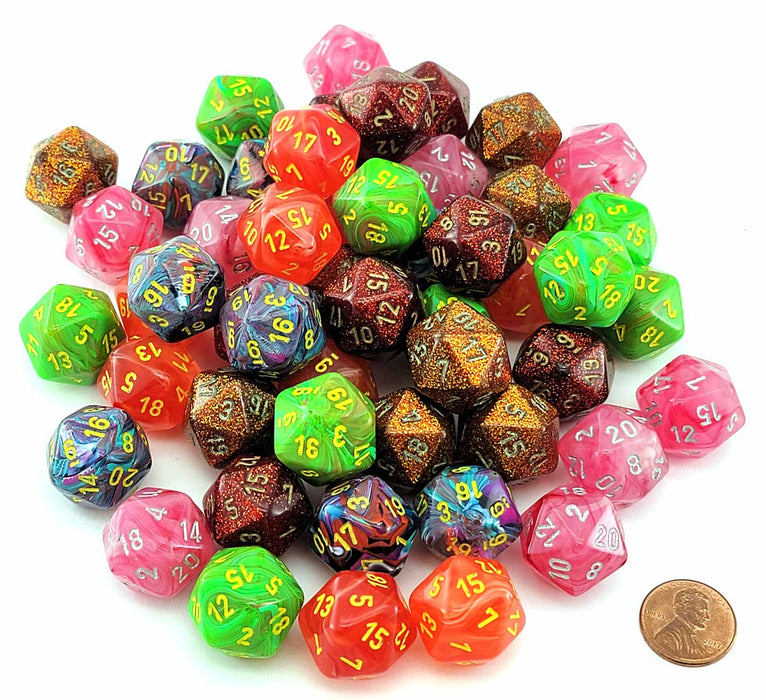 Bag of 50 Menagerie Styles D20 Dice (Festive, Ghostly Glow, Glitter, Vortex)