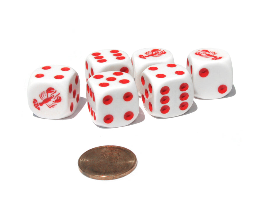 Set of 6 Lobster 16mm D6 Round Edged Animal Dice - White with Red Pips