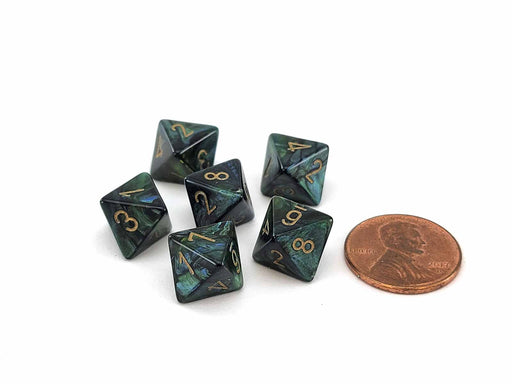 Scarab 9mm Mini 8 Sided D8 Dice, 6 Pieces - Jade with Gold Numbers