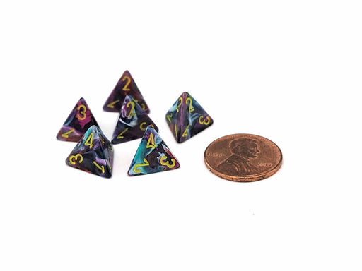 Festive 12mm Mini 4 Sided D4 Dice, 6 Pieces - Mosaic with Yellow Numbers