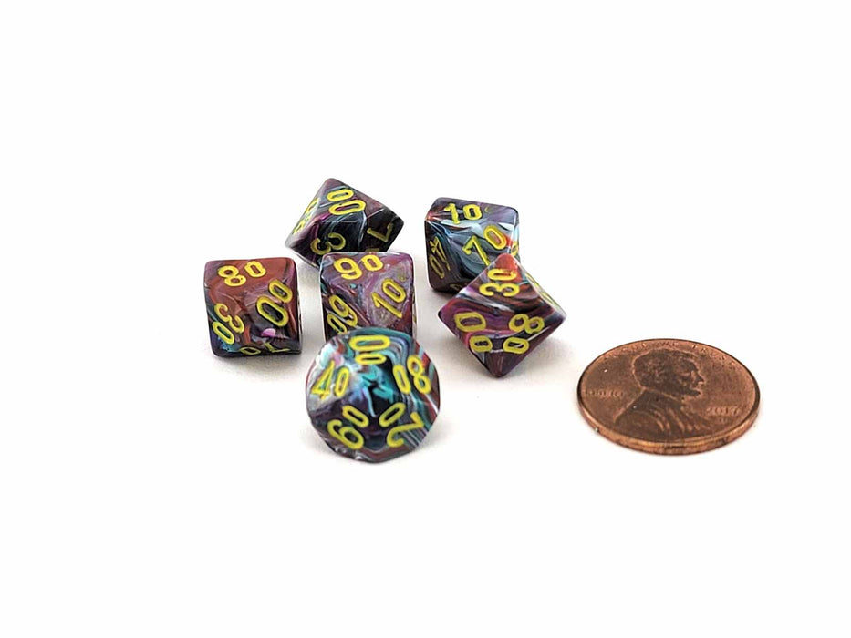 Festive 10mm Mini Tens D10 Dice, 6 Pieces - Mosaic with Yellow Numbers