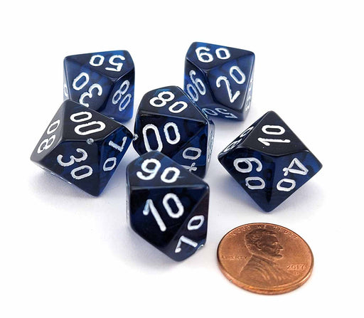 Translucent 16mm Tens D10 (00-90) Dice, 6 Pieces - Navy Blue with White Numbers