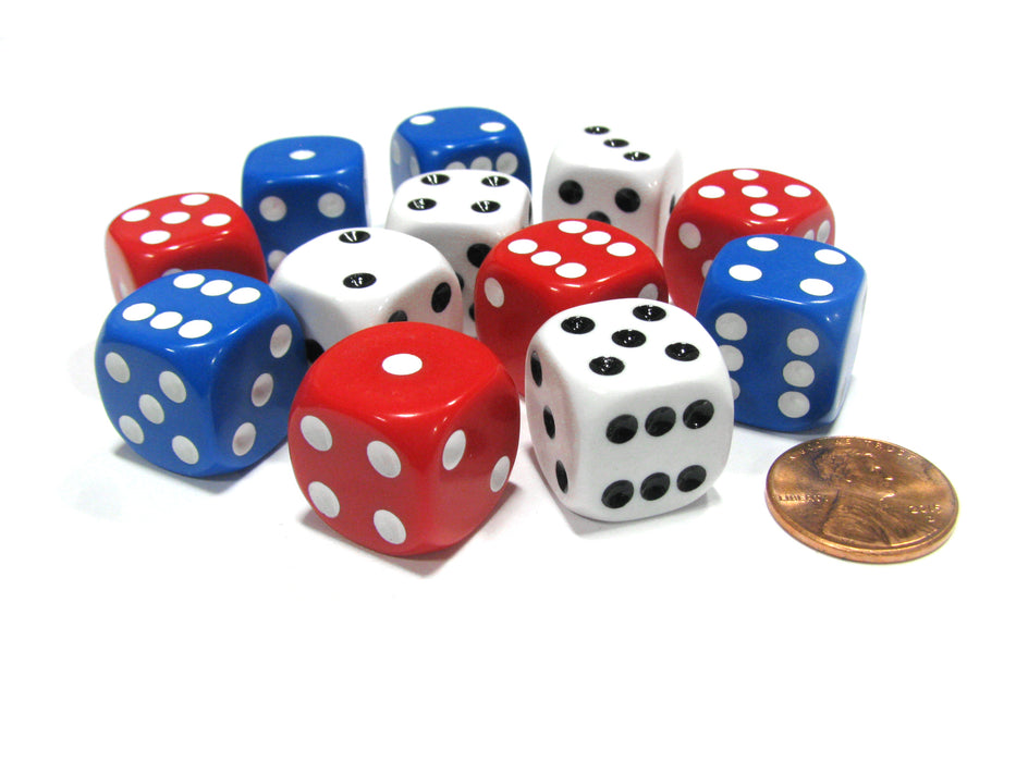 Set of 12 D6 Round Corner 16mm Patriotic USA Dice - 4 Each of Red White & Blue