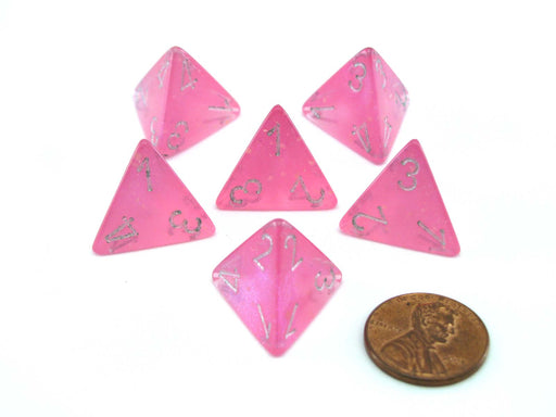 Luminary Borealis 18mm 4 Sided D4 Dice, 6 Pieces - Pink with Silver Numbers