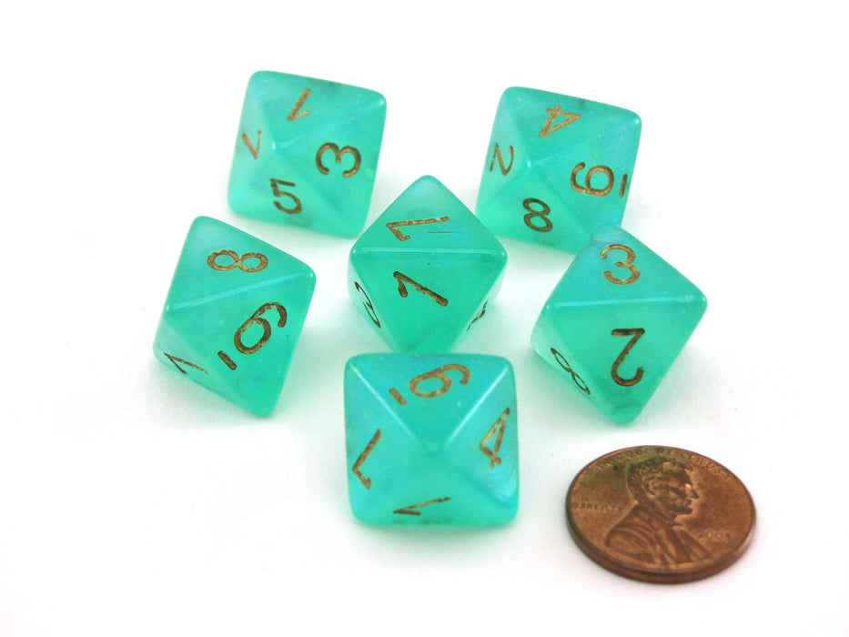 Luminary Borealis 15mm 8 Sided D8 Dice, 6 Pieces - Light Green with Gold Numbers