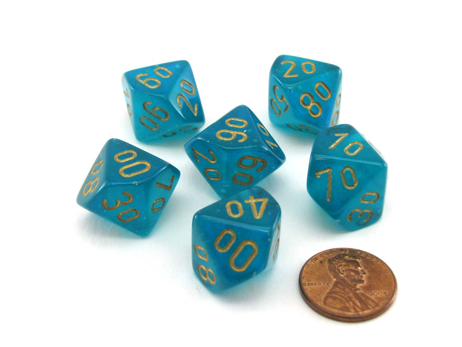 Luminary Borealis 16mm Tens D10 (00-90) Dice, 6 Pieces - Teal with Gold Numbers