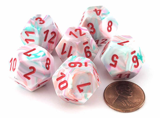 Festive 18mm 12 Sided D12 Chessex Dice, 6 Pieces - Pop Art with Red Numbers