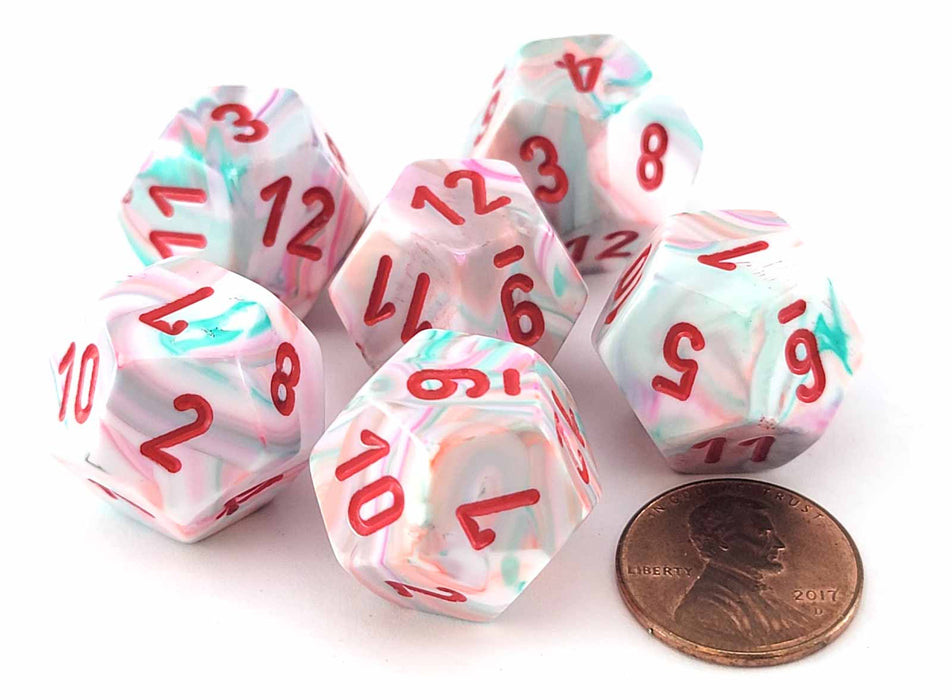 Festive 18mm 12 Sided D12 Chessex Dice, 6 Pieces - Pop Art with Red Numbers