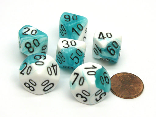 Gemini 16mm Tens D10 (00-90) Dice, 6 Pieces - Teal-White with Black Numbers