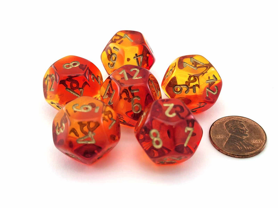 Gemini 18mm D12 Dice, 6 Pieces - Translucent Red-Yellow with Gold Numbers