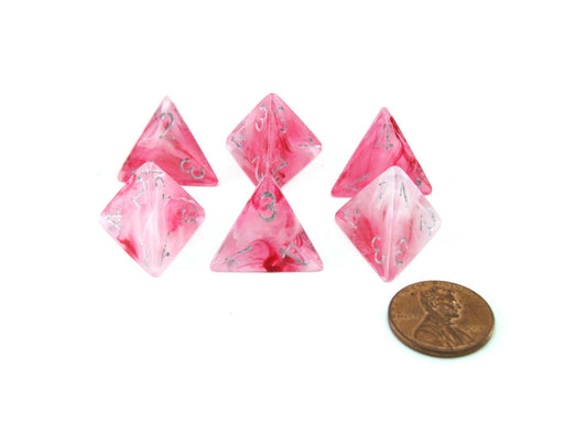Ghostly Glow 18mm 4 Sided D4 Chessex Dice, 6 Pieces - Pink with Silver