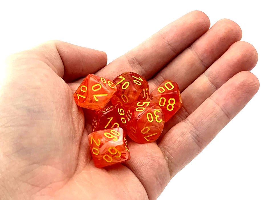 Ghostly 16mm Tens D10 (00-90) Dice, 6 Pieces - Orange with Yellow Numbers