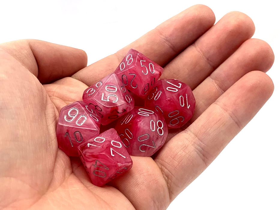 Ghostly 16mm Tens D10 (00-90) Chessex Dice, 6 Pieces - Pink with Silver Numbers
