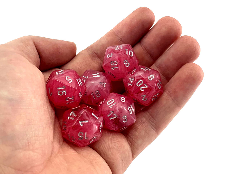 Ghostly 20 Sided D20 Chessex Dice, 6 Pieces - Pink with Silver Numbers