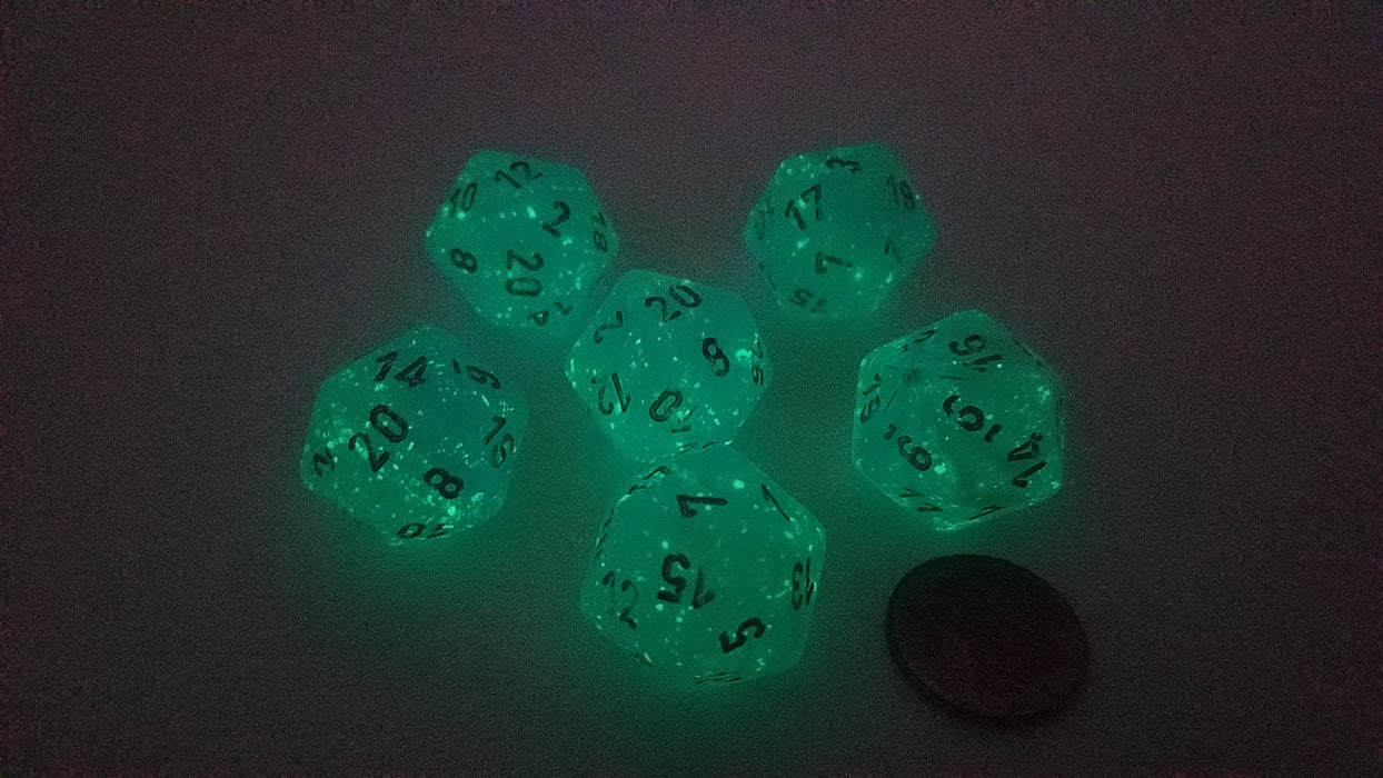 Luminary 20 Sided D20 Chessex Dice, 6 Pieces - Sky with Silver Numbers