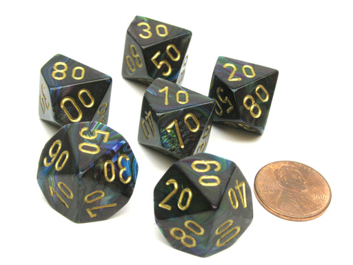 Lustrous 16mm Tens D10 (00-90) Chessex Dice, 6 Pieces - Shadow with Gold Numbers