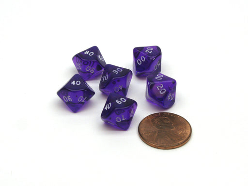 Translucent 10mm Mini Tens D10 Chessex Dice, 6 Pieces - Purple with White Number