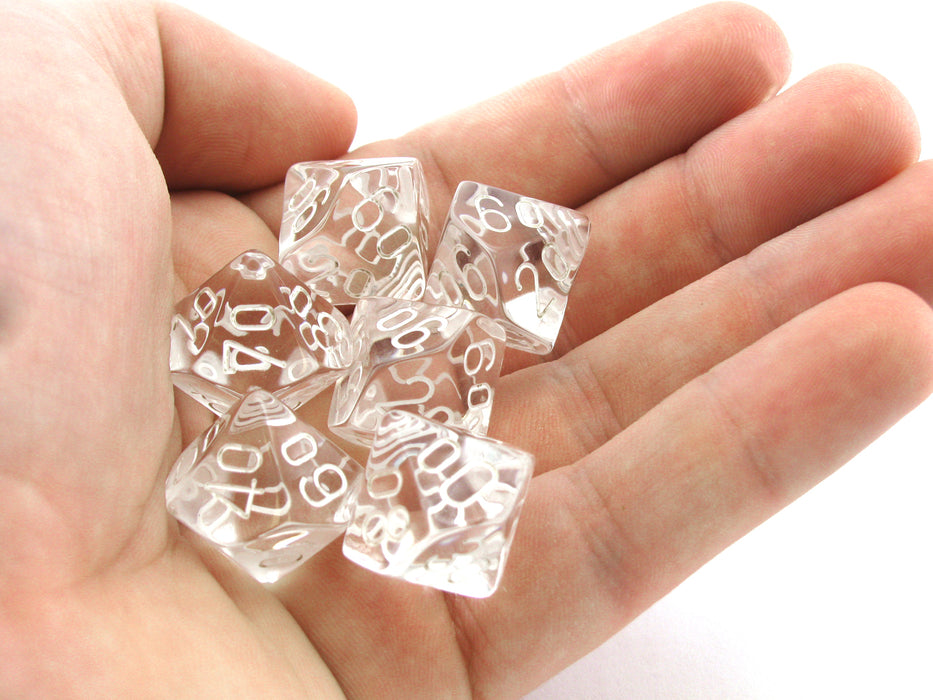 Translucent 16mm Tens D10 (00-90) Chessex Dice, 6 Pcs - Clear with White Numbers
