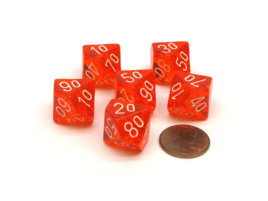 Translucent 16mm Tens D10 (00-90) Chessex Dice 6 Pcs - Orange with White Numbers