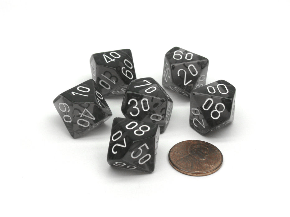 Translucent 16mm Tens D10 (00-90) Chessex Dice, 6 Pcs - Smoke with White Numbers