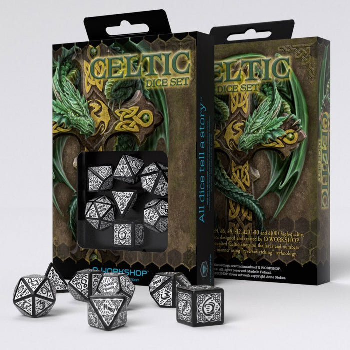 Q-Workshop Celtic 3D Revised 7 Piece Dice Set - Black and White