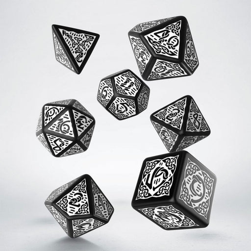 Q-Workshop Celtic 3D Revised 7 Piece Dice Set - Black and White