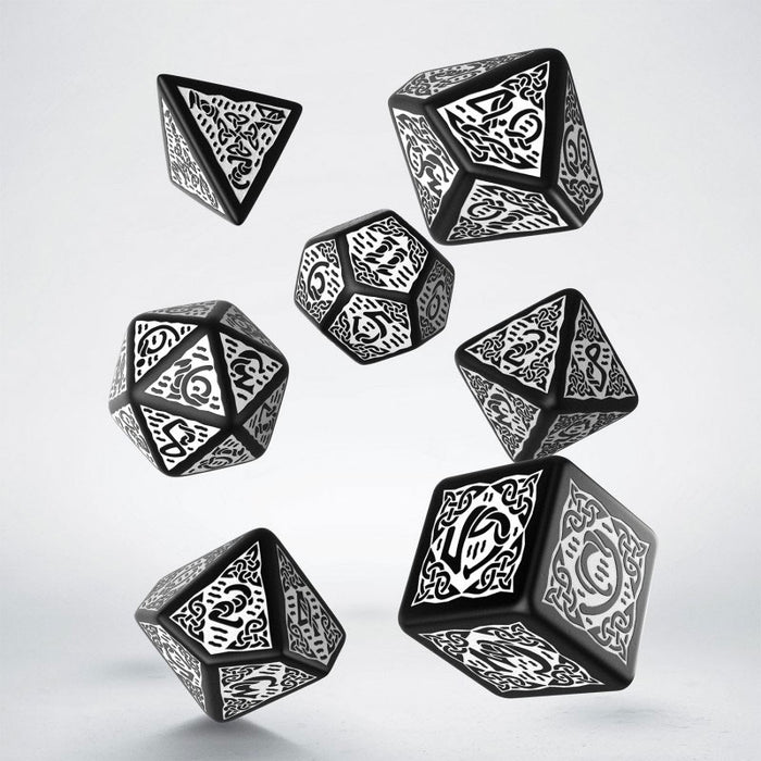 Q-Workshop Celtic 3D Revised 7 Piece Dice Set - Black and White