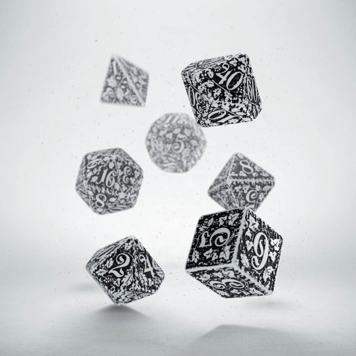 Q-Workshop Forest Dice Set 3D White with Black Etches (7 Piece Set)