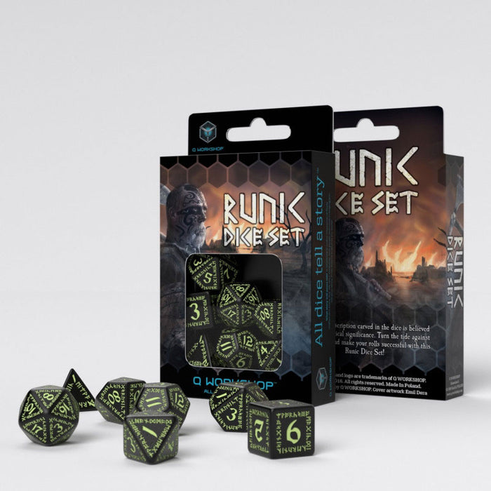 Q-Workshop Runic Dice Set Black with Glow-in-the-Dark Etches (7 Pieces Set)