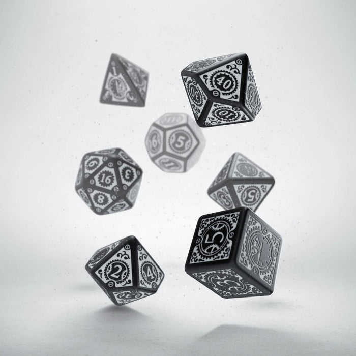 Q-Workshop Steampunk Clockwork Dice Set Black with White Etches (7 Piece Set)