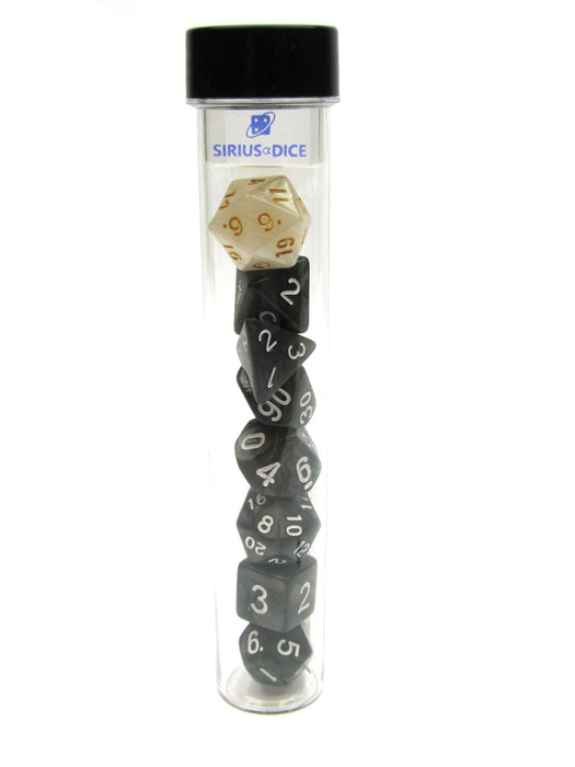 Tube of 7 Polyhedral RPG Sirius Dice with Bonus D20- Pearl Charcoal Grey Acrylic