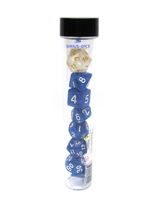 Tube of 7 Polyhedral RPG Sirius Dice with Bonus D20 - Pearl Blue Acrylic