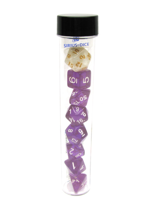 Tube of 7 Polyhedral RPG Sirius Dice with Bonus D20 - Translucent Purple Resin