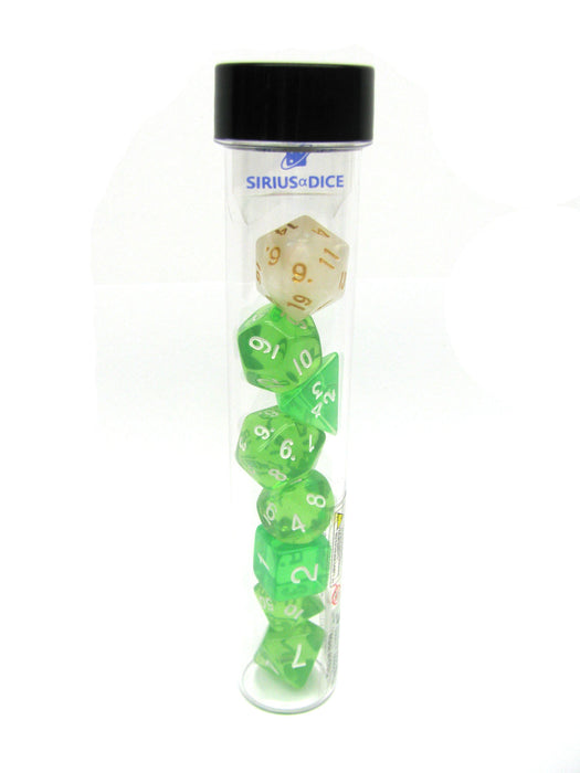 Tube of 7 Polyhedral RPG Sirius Dice with Bonus D20 - Translucent Green Resin