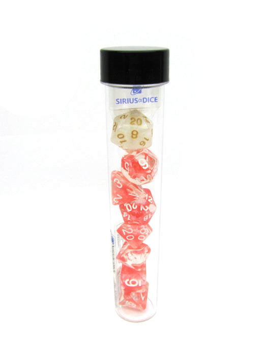 Tube of 7 Polyhedral RPG Sirius Dice with Bonus D20- Red Cloud Transparent Resin