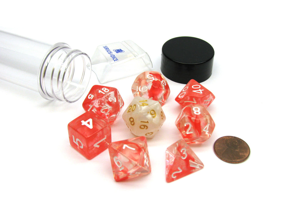 Tube of 7 Polyhedral RPG Sirius Dice with Bonus D20- Red Cloud Transparent Resin