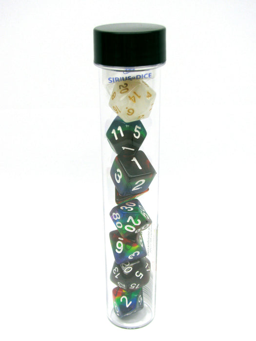 Tube of 7 Polyhedral RPG Sirius Dice with Bonus D20 - Rainbow Translucent Resin