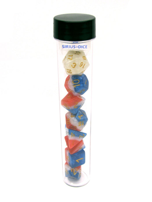 Tube of 7 Sirius Dice + Bonus D20 - Red, White, and Blue Semi-Transparent Resin
