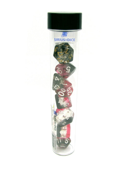 Tube of 7 Polyhedral RPG Sirius Dice with Bonus D20 - Pink, Clear, Black Resin