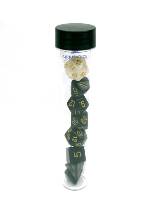 Tube of 7 Polyhedral RPG Sirius Dice with Bonus D20 - Solid Black, Gold Ink