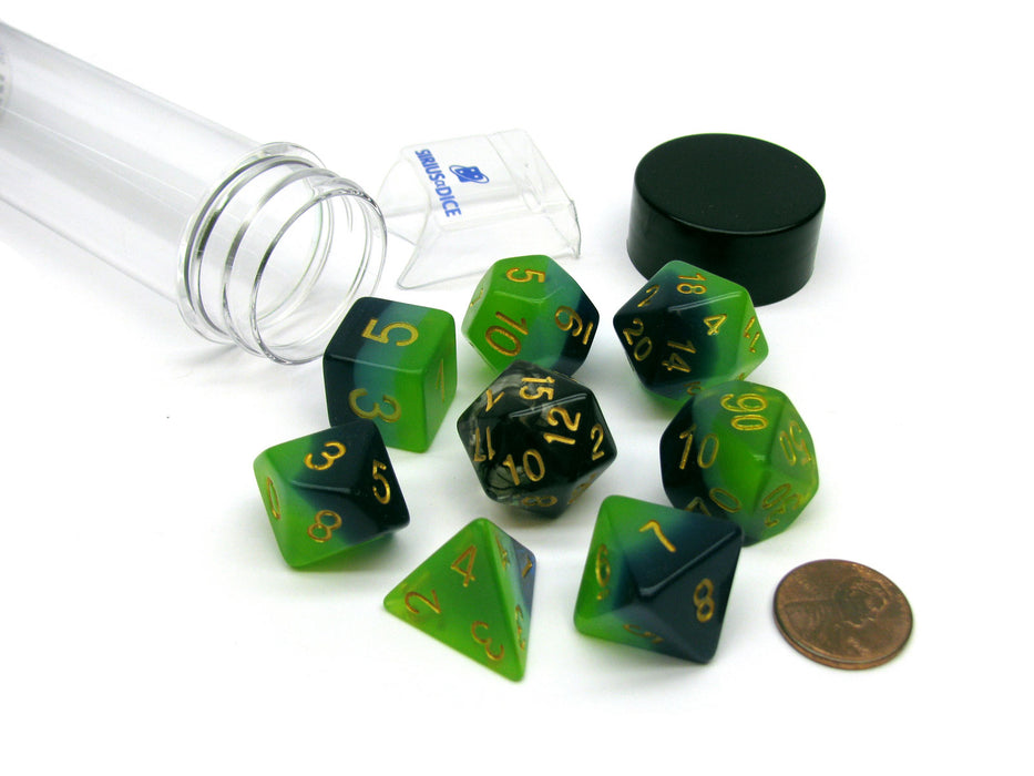 Tube of 7 Polyhedral RPG Sirius Dice with Bonus D20 - Green, Blue Translucent