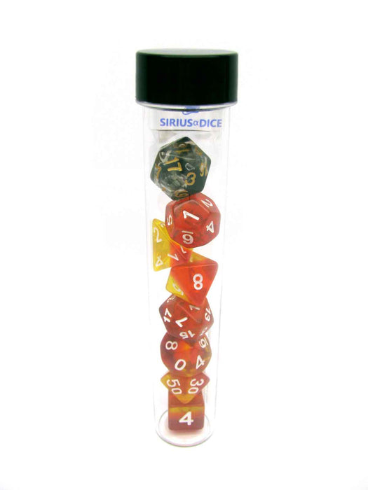 Tube of 7 Polyhedral RPG Sirius Dice with Bonus D20 - Yellow, Red Translucent