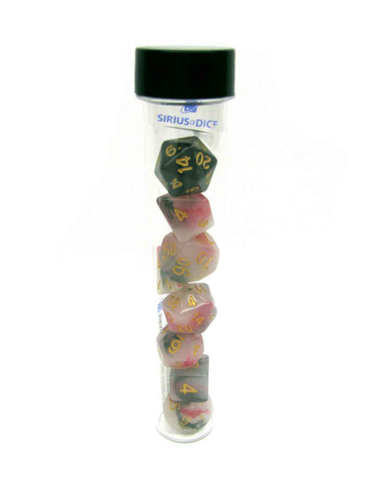 Tube of 7 Polyhedral RPG Sirius Dice with Bonus D20 - Pink, Black, Red Marble