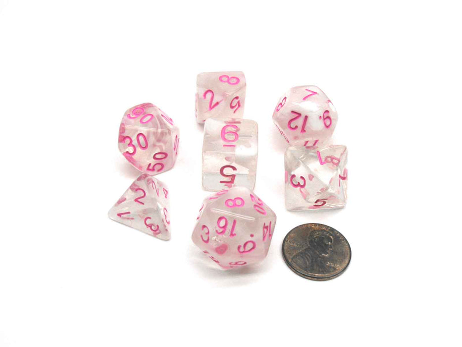 Tube of 7 Polyhedral RPG Sirius Dice with Bonus D20 - White Cloud, Pink Ink