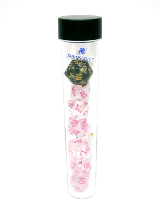 Tube of 7 Polyhedral RPG Sirius Dice with Bonus D20 - White Cloud, Pink Ink